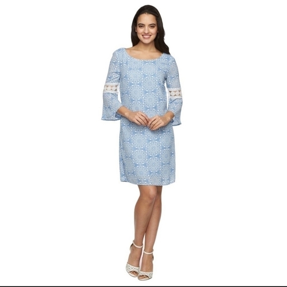 Luxology Blue & White Printed Bell-Sleeve Shift Dress Women's 10 - Picture 1 of 8